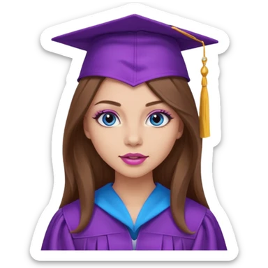 girl with gorgeous long brown hair, blue eyes, long lashes makeup, sexy pink lips, wearing a purple graduation cap and gown sticker