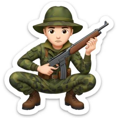 male hunter crouching with gun, alert expression sticker