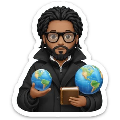 African American man with shoulder length black dreadlocks with black beard wearing black sunglasses wearing a black bubble winter coat holding a Bible and a Globe in his hands sticker
