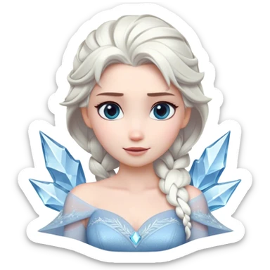 Cinematic Timeless Snow Queen Portrait Emoji, rendered in a clean, vector style. Depict Elsa with icy pale skin, intricately styled platinum hair, and a serene, regal expression, dressed in a minimalist ice-blue gown. The design features bold, simplified shapes, a soft, drowsy crystalline glow, and a subtle glowing outline, capturing the essence of timeless, majestic winter beauty. sticker