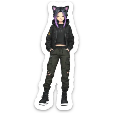 Edgy cool shy beautiful pretty anime punk tomboy with cat ears techwear cargo pants hoodie sticker