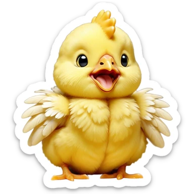 Cinematic Cute Yawning Yellow Baby Chicken Portrait Emoji, Head tilted slightly with a dramatic, wide-open yawn, showcasing a soft, downy yellow coat with little drooping wings, round beady eyes barely open in drowsy contentment, Simplified yet irresistibly adorable features, highly detailed, glowing with a soft, cozy glow, high shine, relaxed yet expressive, stylized with a touch of whimsical charm, bright and endearing, soft glowing outline, capturing the essence of a sleepy yet affectionate chick, so drowsy it feels like it could stretch out of the screen and curl up for a nap! sticker