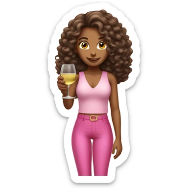 tanned girl long curly hair wearing pink holding white wine sticker