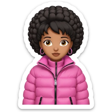 A brown skin  skinned girl that’s has puffy black hair with her hair up in a puffy hairstyle and skinny and wears a pink puffer coat sticker