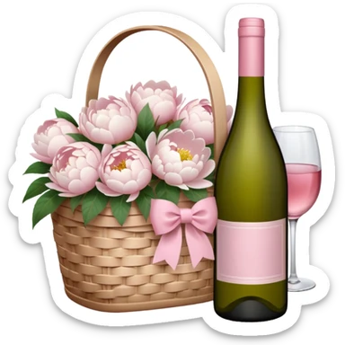 White Picnic basket with light pink bow and white peonies and a pink wine bottle inside sticker