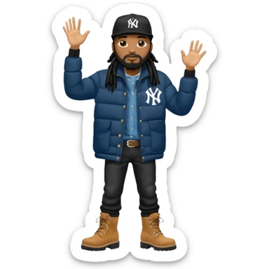 African American man with shoulder length black dreadlocks with black beard wearing a black New York Yankees logo baseball cap wearing a black bubble winter coat wearing denim skinny jeans and Timberland boots with on hand in his pocket and on hand raised sticker