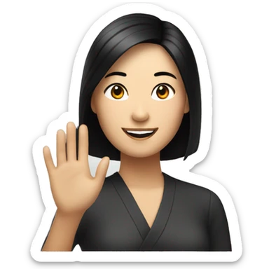 A smiling Asian woman with black bobbed hair raising one hand. sticker