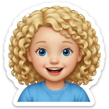Cutest little toddler girl with curly blonde hair, dimple in right cheek, blue eyes, laughing sticker