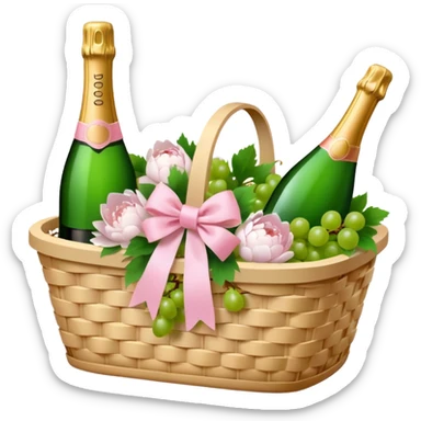 White Picnic basket with light pink bow, white peonies, grapes and one pink champage bottle inside sticker