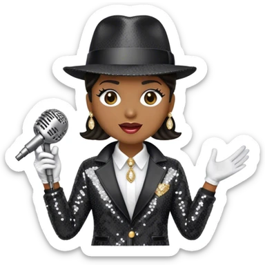 Create a dynamic emoji representing pop vocal performance with a vintage microphone as the centerpiece, surrounded by iconic elements of Michael Jackson's stage attire. Include the signature black sequined jacket, white gloves with rhinestones, and a fedora hat placed next to the mic, evoking the style and energy of classic pop performances. Add subtle sparkles or light effects around the microphone and the clothing to reflect the glamorous, energetic atmosphere of a pop concert. Use bold colors like black, silver, and gold to convey the showmanship and sophistication of pop music. The background should be transparent. sticker