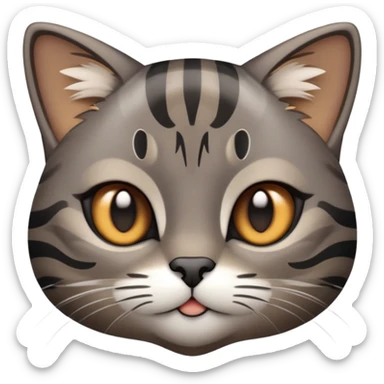 cinematic-cute-grey-and-black-brown-tabby-cat-portrait-emoji,-head-tilted-playfully-and-inquisitively,-sleek-grey-brown-fur-with-bold-black-tabby-stripes-and-a-distinctive-m-shaped-marking-on-the-forehead,-sparkling-amber-eyes,-simplified sticker