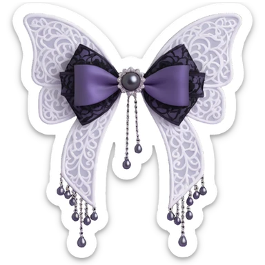 gothic bow, white velvet, silver filigree, black lace trim, black rose center, dark pearl accents, silver chain fringe sticker