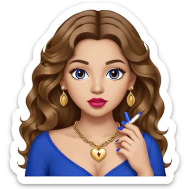 Light skinned girl, long wavy brown hair center-part with face framing pieces, big hazel eyes, gold heart necklace and earrings, royal blue long sleeve top, prominent blush, sassy, big lips, fancy long acrylic nails done, holding lipstick. She is curvy sticker