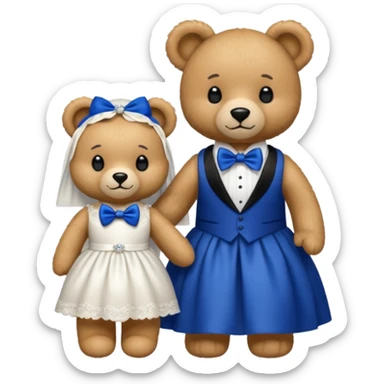 Teddy bear wearing white wedding dress holding the hand to another teddy bear wearing a big royal blue bow tie. The one with the white dress has no bows sticker