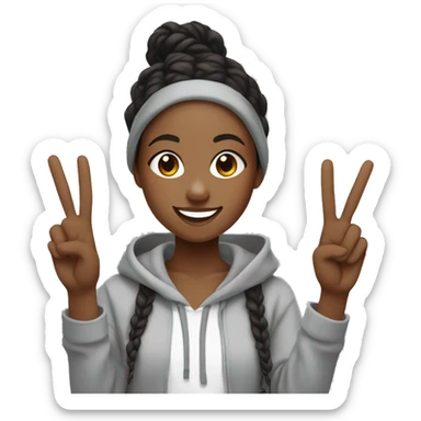 a black girl with dark brown braids and a light grey hoodie smiling and holding up peace signs for a selfie  sticker