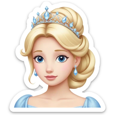 Cinematic Majestic Cinderella Portrait Emoji, rendered in a realistic, vector-style with clean, bold shapes. Depict Cinderella with a refined, noble expression, her fair skin luminous and her long blonde hair styled in an elegant updo, adorned with a delicate tiara. Her attire is a simple, sparkling ball gown that radiates soft pastel hues, glowing with a soft, majestic light and a subtle glowing outline, epitomizing classic royal beauty. sticker