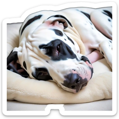 Meme-Worthy Cute Sleeping Harlequin Great Dane Portrait Emoji, Head resting peacefully with a contented smile, showcasing a delightfully majestic build and a luxuriously soft coat of predominantly white with bold black patches, eyes shut in a serene nap, Simplified yet hilariously adorable features, highly detailed, glowing with a soft, drowsy light, high shine, relaxed and utterly lovable, stylized with an air of playful laziness, bright and heartwarming, soft glowing outline, capturing the essence of a comically sleepy guardian, so meme-worthy it feels like it could instantly become the next viral sensation of adorable slumber! sticker