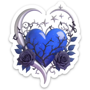 gothic heart, midnight blue glass, silver crescent moon, black roses, stardust, lightning, rain, cracked glass, art deco style sticker
