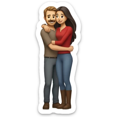 A taller Indian woman with long hair and tight fitting gray colored clothes (darker tights) hugs a shorter white man with a red shirt and brown hair. The woman is taller than the man sticker