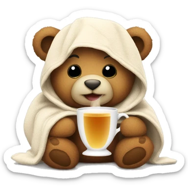 a Christmas teddy happy bear wrapped in a blanket drinks tea sticker