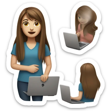 white girl with straight long brown hair and bangs holding a laptop in her hands sticker