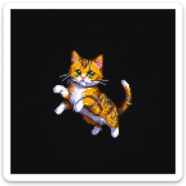 Make the jumping European shorthair cat a tabby cat in pixel art style, showing dynamic movement with a white background. sticker