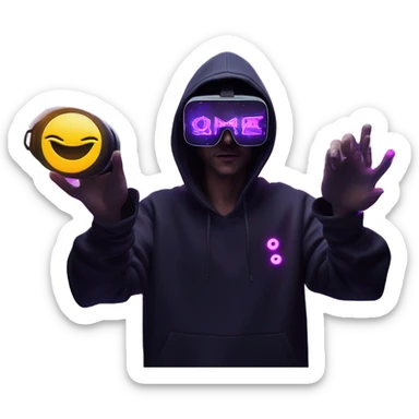 Russian man wearing a black hoodie with "OMG" letters on it and VR headset oculus quest 2 in a cyberpunk VR environment with violet neon lighting. Showing direction with hand sticker