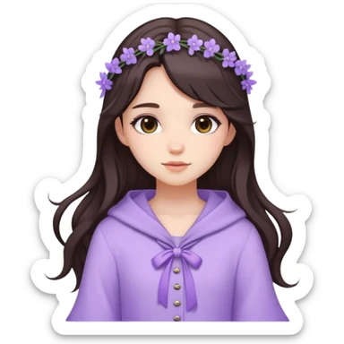 Cute girl with long dark brown hair and lavender asthetic outfit and accessories  sticker