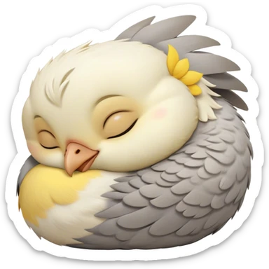 Meme-Worthy Cute Sleeping Cockatiel Portrait Emoji, Head resting peacefully with a contented smile, showcasing a delicate, slender build and a luxuriously soft grey fur with gentle yellow accents, eyes shut in a serene nap, Simplified yet hilariously adorable features, highly detailed, glowing with a soft, drowsy light, high shine, relaxed and utterly lovable, stylized with an air of playful laziness, bright and heartwarming, soft glowing outline, capturing the essence of a comically sleepy cockatiel, so meme-worthy it feels like it could instantly become the next viral sensation of adorable slumber! sticker