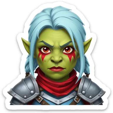 Fantasy Christmas orc legion soldier icon, iron tundra army theme, heavy winter armor, disciplined brutal look, dark icy steel armor with bold crimson cloth and markings, cold blue shadows, high contrast, clean emoji portrait style, female variant sticker