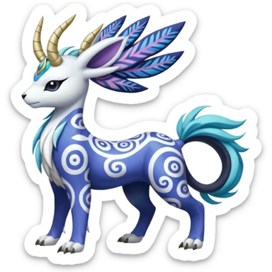 Tropical Tiny Marked Patterned Tribal Colorful Skilled Adept Graceful Asian Painted Garurumon-Meloetta-Absol-Suicune-Cobalion-fusion-hybrid-creature (full body) sticker
