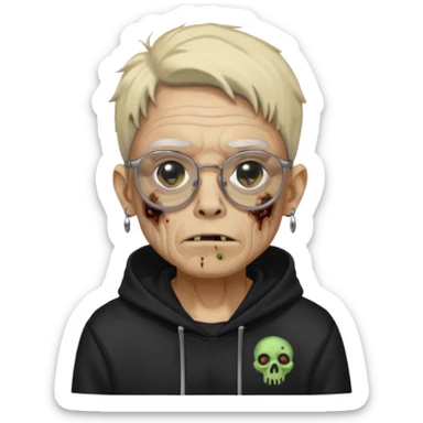 Chico moreno zombie, con gafas y sudadera negra, dos aretes en la oreja izquierda y dos en la derecha, ojeras en los ojos y sticker