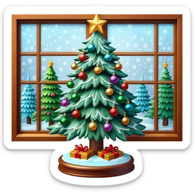 3D rendering realistic still life ultra detailed, christmas tree lit up by a frosty window sticker