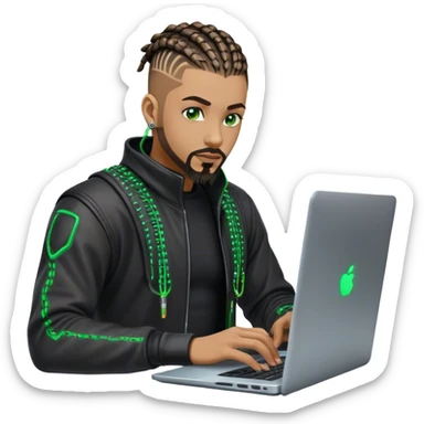 Light skinned African American male with green eyes as a cyberpunk hacker with cornrows hairstyle but short cornrows  with goatee facial hair  no beard hacking/coding on laptop  sticker