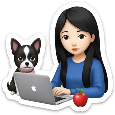 Asian girl with long black hair working on an Apple laptop, next to her is a small black and white dog with no collar on  sticker