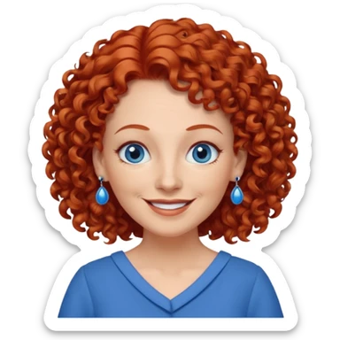 una profesora mayor simpática con el pelo rojo rizado, ojos azules, vestido azul y pendientes azules hablando sticker