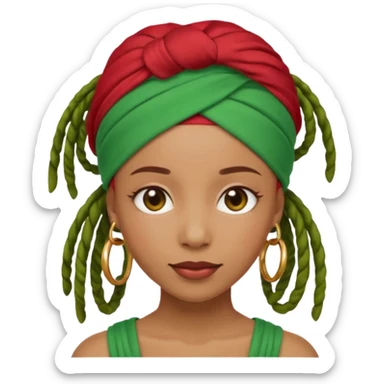 Non-portrait Jayci-vibe emoji, 1024 PNG, transparent. Headwrap (muted R-G-G), hoops, locs hint; soft smile, golden inner glow + faint heart aura. Embed: first-love, roots calm, playful grace, protective joy, consent. sticker