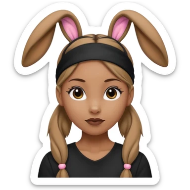 "A tan-skinned person with a high brown ponytail wearing a headband with black bunny ears. The character is dressed in a stylish black outfit. The emoji style should be cute, expressive, and modern — simple but detailed enough to show the ponytail, bunny ears, and outfit clearly." sticker