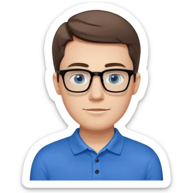 Scott The WozYoung white man, late 20s, short brown hair, blue eyes, clean-shaven, thin black rectangular glasses, slim build, wearing a blue polo shirt, friendly and energetic look. sticker