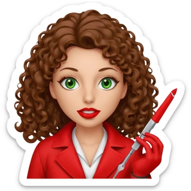 Lilith symbol sexy evil woman. She has green eyes.  had brown long curly hair.  evil surgeon kills with scalpel wears red sexy doctor coat with red mouth cover red gloves. Covers nose, neck  and mouth with Muslim red berka sticker