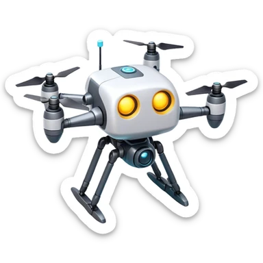 Clash of Clans aesthetic: Cinematic Playful 3D Isometric Robot Drone Emoji, rendered in a 3D vector-style similar to standard emojis with minimal shading and bold, simplified shapes. A compact, distinct form with signature details, softly glowing with a futuristic sci-fi warfare charm. Simplified yet unmistakably iconic, highly detailed and consistent, glowing with a soft radiance and high shine. Stylized with a touch of high-tech brilliance and a soft glowing outline, capturing the essence of a beloved gaming relic with a friendly, playful manner! sticker