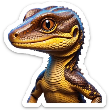 Cinematic Cute brown camo spotted monitor Lizard Portrait Emoji, Head tilted playfully and inquisitively, with a sleek, patterned body accented by vibrant hues and round, sparkling eyes full of wonder, Simplified yet irresistibly adorable features, highly detailed, glowing with a warm, friendly glow, high shine, affectionate and lively, stylized with a touch of exotic charm, bright and endearing, soft glowing outline, capturing the essence of a mischievous yet captivating lizard that seems as if it could scuttle out of the screen into your arms! sticker