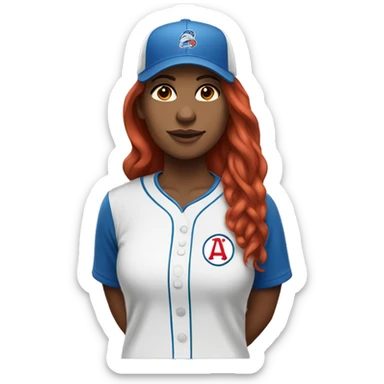 front facing standing up female coach with long red hair, wearing a white t-shirt and a simple baseball blue hat sticker
