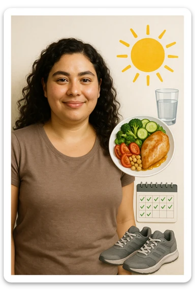Realistic portrait of a woman with PCOS who is well, glowing skin, healthy hair, relaxed posture. Next to her, symbols of wellness: healthy plate, water, sports shoes, sun, calendar with symptom-free days. Bright atmosphere, realistic details, vertical 2:3, no text. sticker