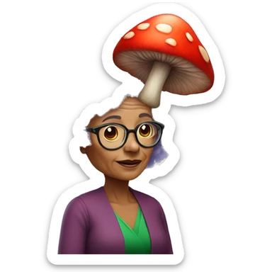 Small elder woman with glasse- lavender fluffy hair- big red mushroom hat- green dress- small mosquito wings sticker