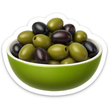 olives object icon, black and green olives in a small bowl, glossy look, 3D cartoon, mobile game icon style, clean background, no text, no watermark
 sticker