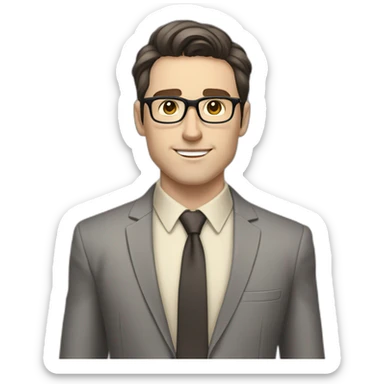 Full height Pale skinned Fit Man With dark brown hair in classic gray suit, beige office shirt, dark gray tie, and vintage glasses. His hands lock sticker
