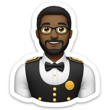 black soldier with beard, part in black hair, white collared shirt, bow tie, gold frame glasses, bulletproof vest  sticker