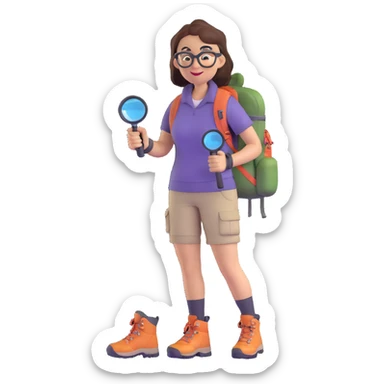Very happy excited woman in her 40s with glasses wearing sporty outfit, hiking boots, and backpack, holding a magnifying glass sticker