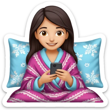 a pretty bratz fair indian girl covered in blanket, wearing pajamas, using phone sticker